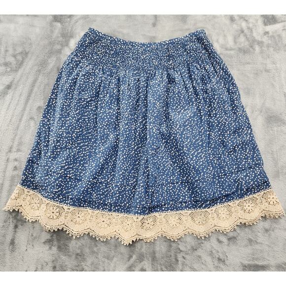 Sundance Silk Cotton Polka Dot Lace Trim Skirt Size 4 Blue Cream Smocked Waist - Picture 1 of 7